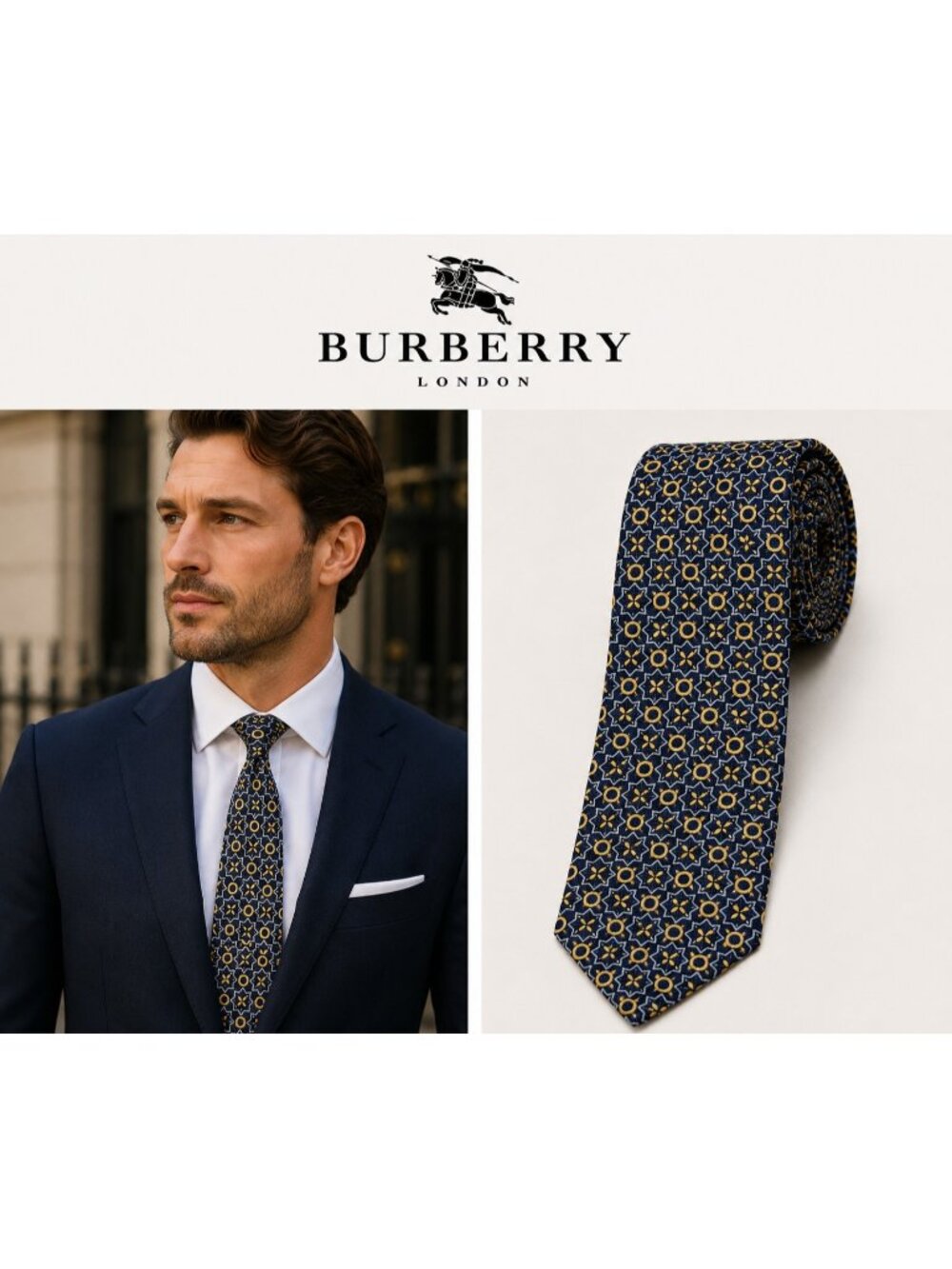 Burberry London 100% Silk Navy Gold Geometric Medallion Tie Made Italy